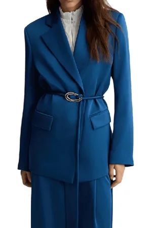 Liu Jo Jassen, Dames, Blauw, L, Polyester, Saffierblauwe Fluide Blazer met Juweelgesp