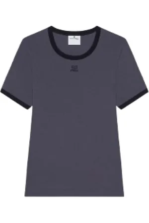 Courrèges Tops, Dames, Zwart, M, Katoen, Handtekening Contrast T-shirt met Logo Applique