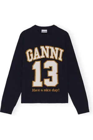 Ganni Truien, Dames, Zwart, M, Wol, Graphic Wool Mix Baseball Crewneck Sweater