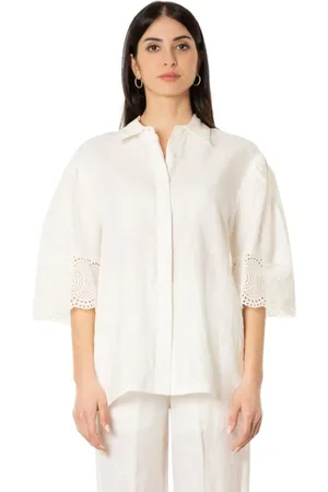 Isabelle Blanche Blouses & Shirts, Dames, Wit, M, Linnen, Witte Linnen Overhemd - Korte Mouw