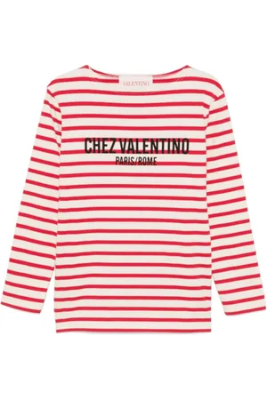 VALENTINO Tops, Dames, Rood, S, Katoen, Gestreept T-shirt met logo print