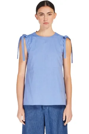 Max Mara Tops, Dames, Blauw, XS, Katoen, Katoenen mouwloze top met uitlopende mouwen en strikdetail
