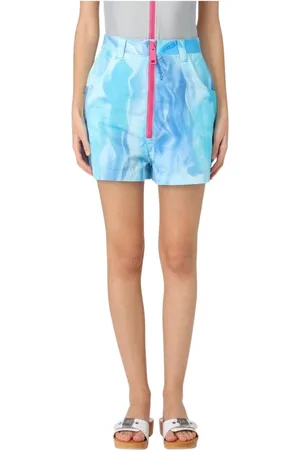 Khrisjoy Korte broeken, Dames, Blauw, S, Aangeknaagd Blauw Tie Dye Print Shorts