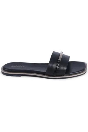 Calvin Klein Schoenen, Dames, Zwart, 41 EU, Leer, Zwarte Leren Elegante Sandaal