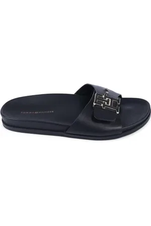 Tommy Hilfiger Schoenen, Dames, Zwart, 42 EU, Leer, Zwarte Leren Gesp Sandalen