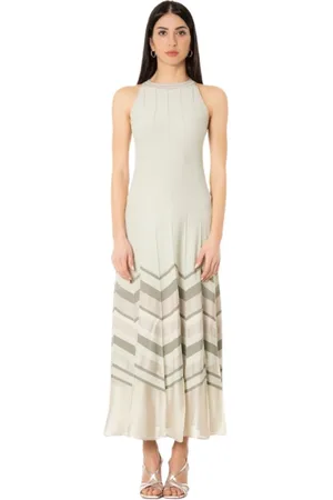 D.EXTERIOR Kleedjes, Dames, Groen, M, Polyester, Elegante Lange Jurk met Gestreepte Patronen