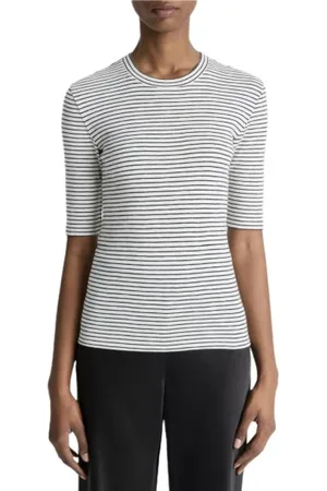 Vince Tops, Dames, Wit, XS, Katoen, Gestreept Elleboogmouw Katoenen T-shirt