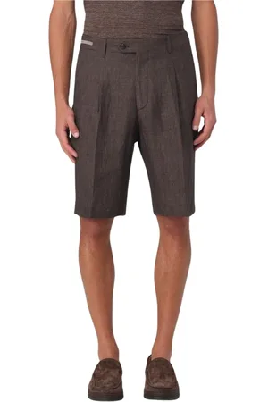 corneliani Korte broeken, Heren, Bruin, L, Linnen, Bruine Linnen Geplooide Shorts