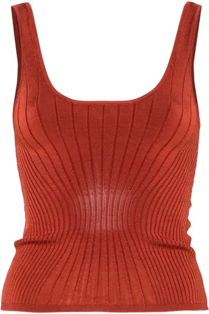 MUGLER Tops, Dames, Oranje, M, Nylon, Roest Ribgebreide Mouwloze Vierkante Hals Top