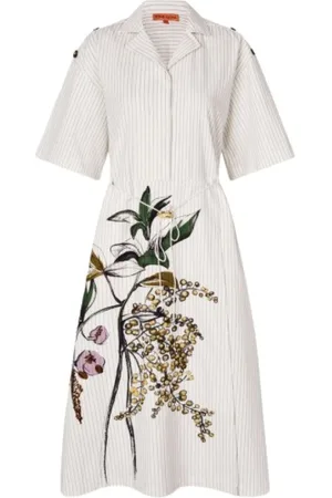STINE GOYA Kleedjes, Dames, Wit, L, Gestreepte Bloemen Midi Jurk - Chique Stijl