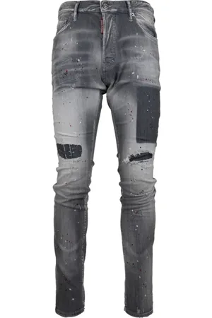 Dsquared2 Jeans, Heren, Grijs, M, Katoen, Herenknoop Jeans met Leren Patch