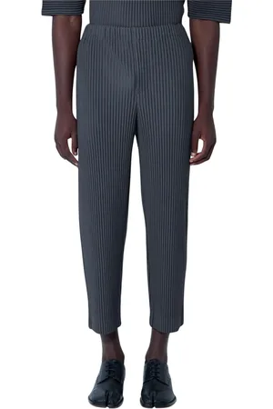 Issey Miyake Broeken, Heren, Grijs, L, Polyester, Elastische Geplooide Broek