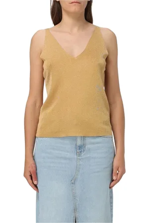 Liu Jo Tops, Dames, Geel, S, Zilver Metallic Gebreide V-Hals Sweater