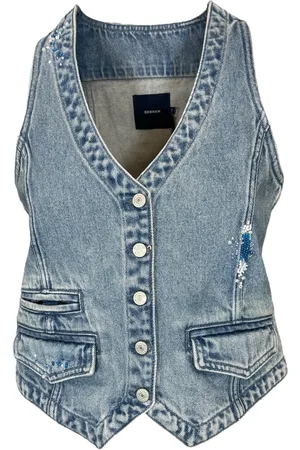 Denham Jassen, Dames, Blauw, S, Denim, Geborduurde Vest met Parels V-Hals Denim
