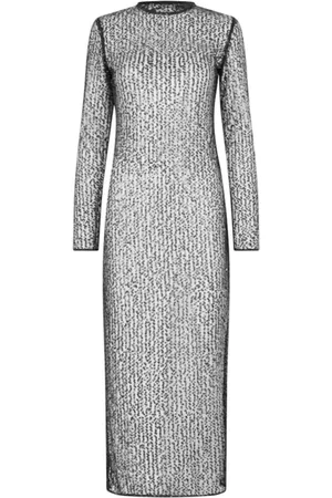 Samsøe Samsøe Kleedjes, Dames, Grijs, XS, Polyester, Paillet Geborduurde Mesh Midi Jurk