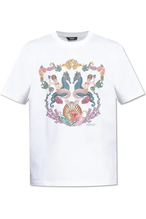 VERSACE Tops, Heren, Wit, M, Katoen, T-shirt met kleurrijke print