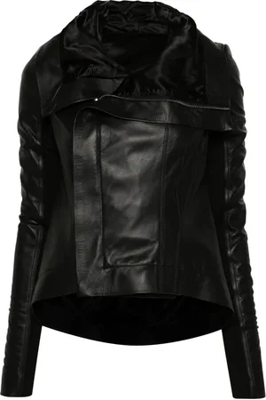 Rick Owens Jassen, Dames, Zwart, M, Leer, Zwarte Leren Bikerjas
