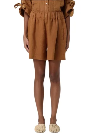 120% Lino Korte broeken, Dames, Bruin, L, Linnen, Gele Linnen Shorts Met Relaxte Pasvorm