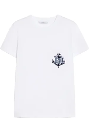 Max Mara Tops, Dames, Wit, S, Katoen, Geborduurde Monogram Witte T-shirts en Polos