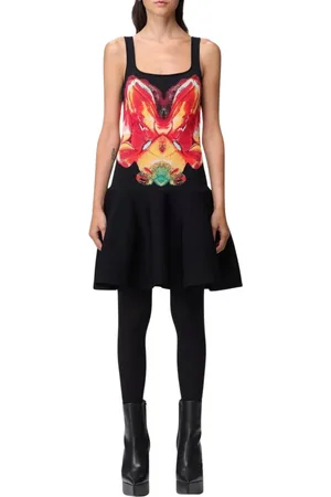 Alexander McQueen Kleedjes, Dames, Zwart, S, Orchidee Print Gebreide Mini Jurk