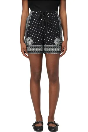 Pinko Korte broeken, Dames, Zwart, XS, Stijlvol Paisley Trekkoord Shorts