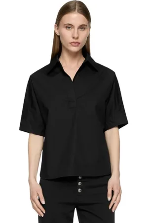 Dondup Blouses & Shirts, Dames, Zwart, M, Blouse met korte mouwen en polokraag van popeline
