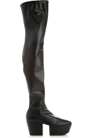 Prada Schoenen, Dames, Zwart, 36 EU, Leer, Zwarte leren platform enkellaarzen