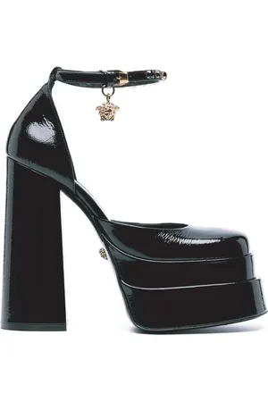 VERSACE Schoenen, Dames, Zwart, 36 EU, Leer, Zwarte Leren Plateau Sandalen