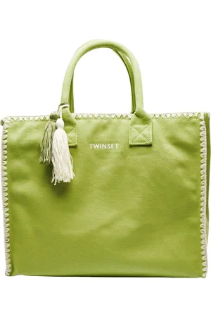 Twin-Set Tassen, Dames, Groen, ONE Size, Katoen, Canvas Shopper Tas met Geborduurd Logo