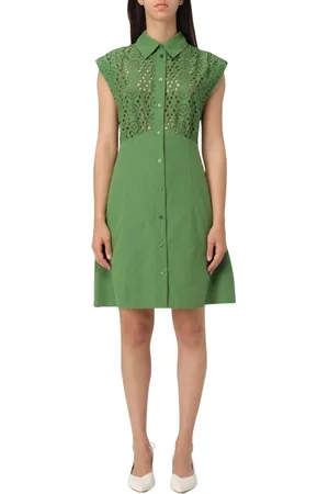 Liu Jo Kleedjes, Dames, Groen, L, Katoen, Witte V-hals Midi Jurk Elegante Stijl