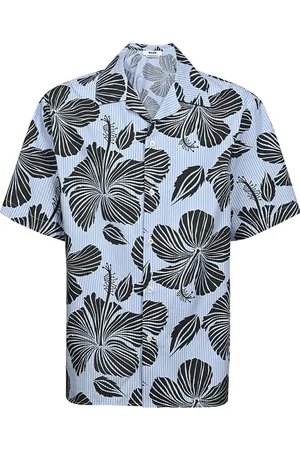 Msgm Overhemden, Heren, Blauw, M, Katoen, Hibiscus Bowling Shirt met Print