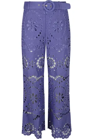 ZIMMERMANN Broeken, Dames, Blauw, S, Linnen, Geborduurde Crop Broek