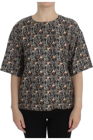 Dolce & Gabbana Blouses & Shirts, Dames, Grijs, 2Xs, Betoverende Sicilië Zijden Blouse met Middeleeuwse Sleutelprint