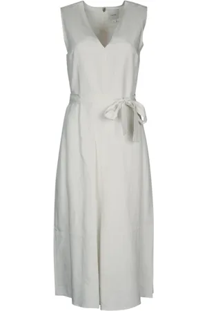 Calvin Klein Kleedjes, Dames, Wit, XL, Linnen, Linnenmix V-hals Jurk
