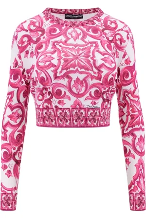 Dolce & Gabbana Tops, Dames, Roze, 2Xs, Zijden Maiolica Print Crop Top