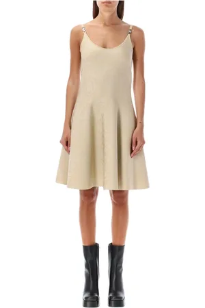 VERSACE Kleedjes, Dames, , S, Polyester, Barok Gebreide Mini Jurk Licht Zand Goud