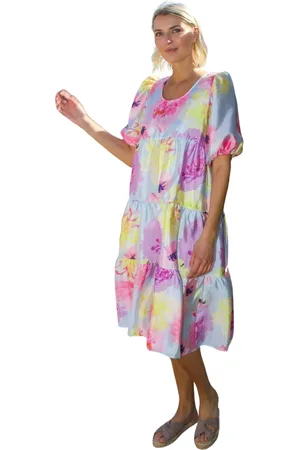 Crās Kleedjes, Dames, Veelkleurig, L, Polyester, Jurk met pofmouwen en striksluiting