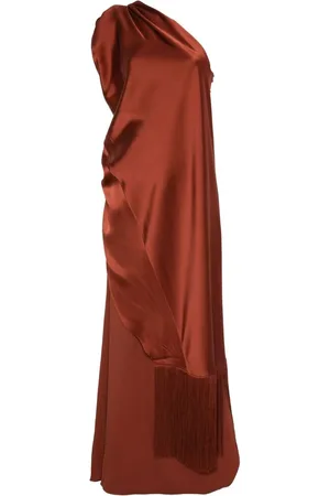 ‎Taller Marmo‎ Kleedjes, Dames, Bruin, S, Bruine Crepe One-Shoulder Jurk met Franje
