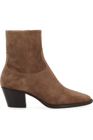 ANNA F. Schoenen, Dames, Bruin, 39 1/2 EU, Suède, Taupe Suède Enkellaars met Houten Hak