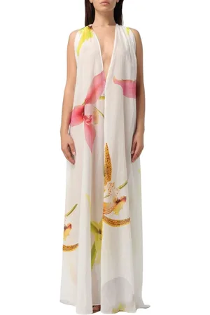 GENNY Kleedjes, Dames, Veelkleurig, M, Katoen, Elegante witte midi-jurk met V-hals
