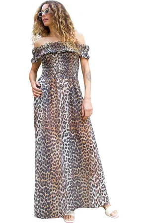Crās Kleedjes, Dames, Bruin, XS, Polyester, Off-shoulder Smock Maxi Jurk Urban Leo