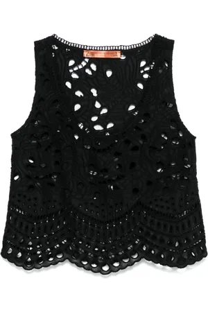 ERMANNO SCERVINO Tops, Dames, Zwart, S, Zwarte Mouwloze Top met Schulp Rand