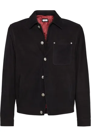 Brunello Cucinelli Jassen, Heren, Zwart, M, Leer, Leren overhemd met zakken