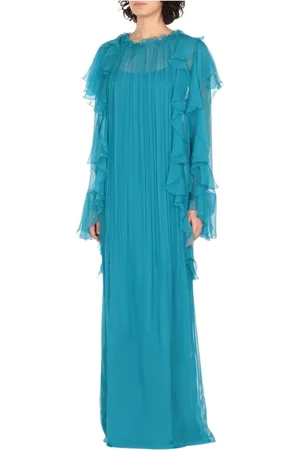 Alberta Ferretti Kleedjes, Dames, Blauw, M, Chiffon, Blauwe Geplooide Midi Jurk Elegante Stijl