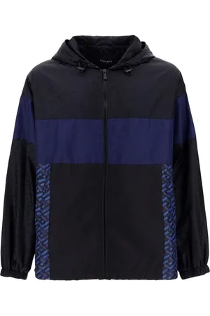 VERSACE Jassen, Heren, Blauw, L, Polyester, Blauwe Windjack Met Capuchon Aw 23