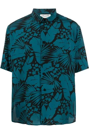 Saint Laurent Overhemden, Heren, Blauw, L, Blauwe Zijden Overhemd Met Korte Mouwen