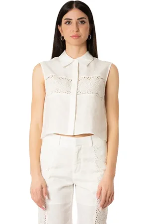 Isabelle Blanche Blouses & Shirts, Dames, Wit, S, Linnen, Mouwloze Linnen Top in Egret