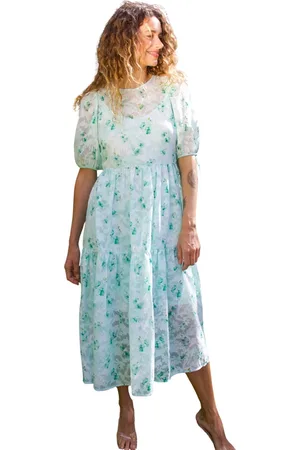 Crās Kleedjes, Dames, Groen, S, Polyester, Bloemen Midi Jurk met Pofmouwen