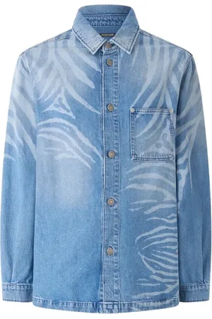 Roberto Cavalli Overhemden, Heren, Blauw, M, Denim, Denim Shirt met Tijgerprint