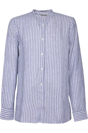 OFFICINE GENERALE Overhemden, Heren, Blauw, L, Linnen, Wit Gestreept Overhemd Stijlvol Comfortabel